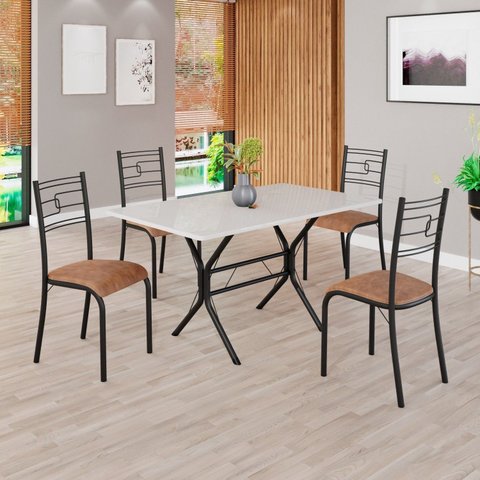 Conjunto Sala de Jantar Mesa Retangular 120x75cm Tampo Madeira MDP Off White 4 Cadeiras Paraty Preto/C. Marrom/Fosco