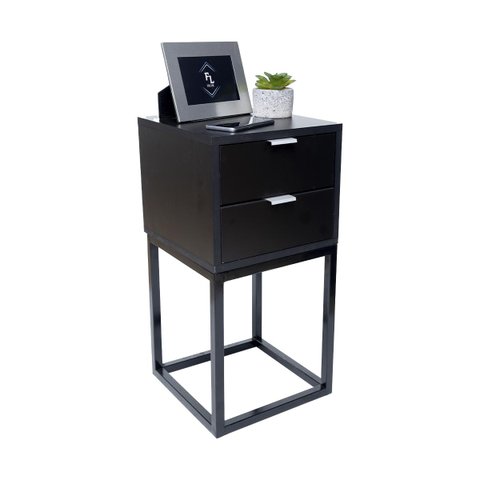 Mesa de Cabeceira Industrial 30cm Preto 2 Gavetas Pés Ferro Preto para Quarto Cama