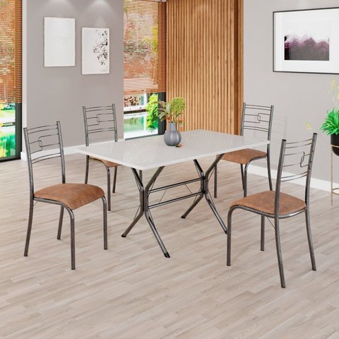Conjunto Sala de Jantar Mesa Retangular 120x75cm Tampo Madeira MDP Off White 4 Cadeiras Paraty Prata/C. Marrom/Mart