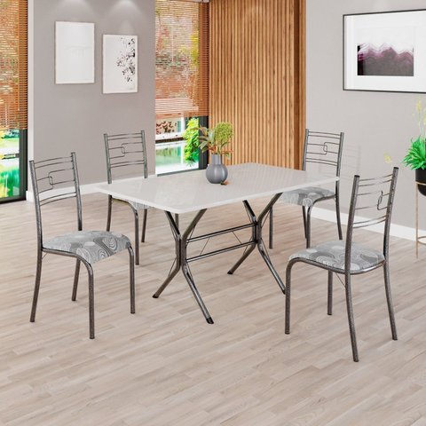 Conjunto Sala de Jantar Mesa Retangular 120x75cm Tampo Madeira MDP Off White 4 Cadeiras Paraty Prata/Paraopeba/Mart