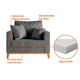 Poltrona Beny Tecido Linho Cotton C/pés e Base de Madeira - Anjo de Casa Cinza - 3