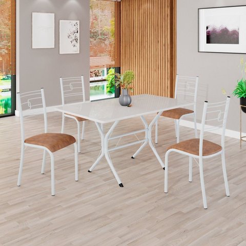 Conjunto Sala de Jantar Mesa Retangular 120x75cm Tampo Madeira MDP Off White 4 Cadeiras Paraty Marrom/C./Branco