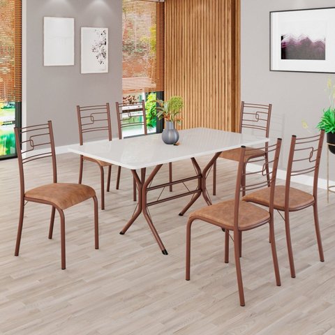 Conjunto Sala de Jantar Mesa Retangular 140x75cm Tampo Madeira MDP Off White 6 Cadeiras Paraty Marrom/C.