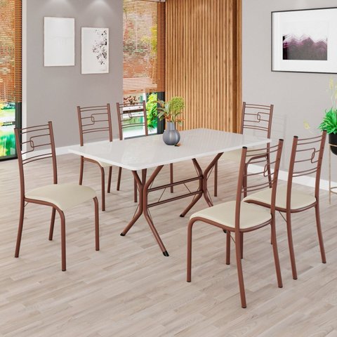 Conjunto Sala de Jantar Mesa Retangular 140x75cm Tampo Madeira MDP Off White 6 Cadeiras Paraty Marrom/Creme