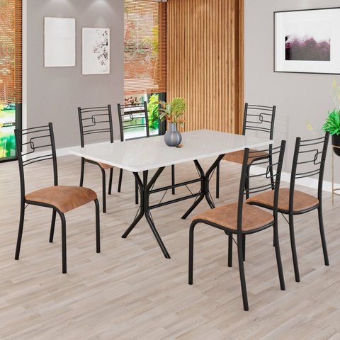 Conjunto Sala de Jantar Mesa Retangular 140x75cm Tampo Madeira MDP Off White 6 Cadeiras Paraty Preto/C. Marrom/Fosco