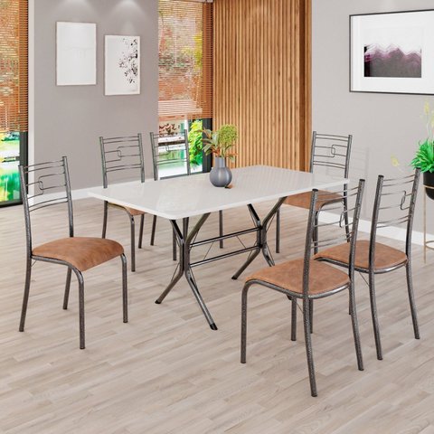 Conjunto Sala de Jantar Mesa Retangular 140x75cm Tampo Madeira MDP Off White 6 Cadeiras Paraty Prata/C. Marrom/Mart