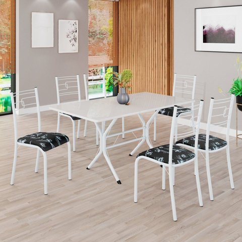 Conjunto Sala de Jantar Mesa Retangular 140x75cm Tampo Madeira MDP Off White 6 Cadeiras Paraty Branco/Preto Floral