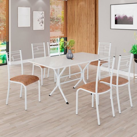 Conjunto Sala de Jantar Mesa Retangular 140x75cm Tampo Madeira MDP Off White 6 Cadeiras Paraty Branco/C. Marrom