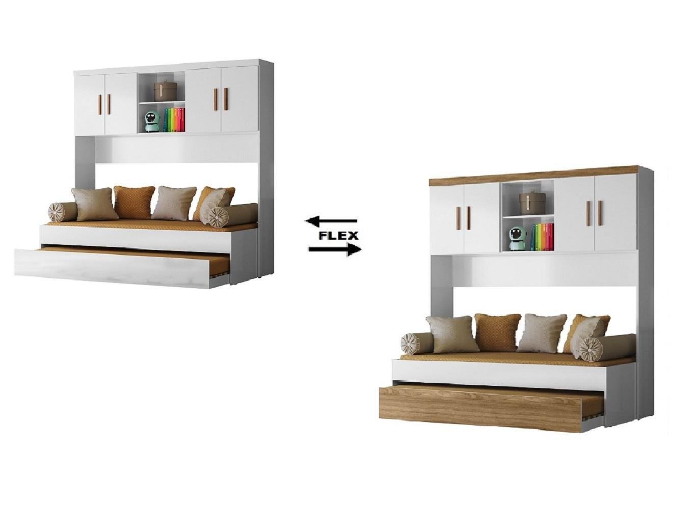 Quarto Modulado Ponte e Bicama Solteiro Ônix Flex Nature Branco Peternella - 3