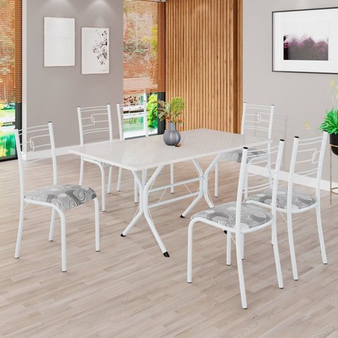 Conjunto Sala de Jantar Mesa Retangular 140x75cm Tampo Madeira MDP Off White 6 Cadeiras Paraty Branco/Paraopeba