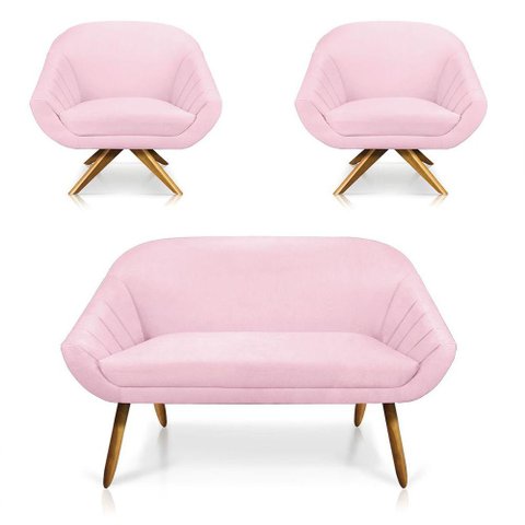 Kit 01 Namoradeira 02 Lugares e 02 Poltronas Giovana Suede Rosa Bebê