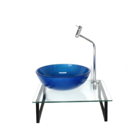 Gabinete de Vidro com Cuba Redonda Azul Escuro com Tampo 40cm Incolor