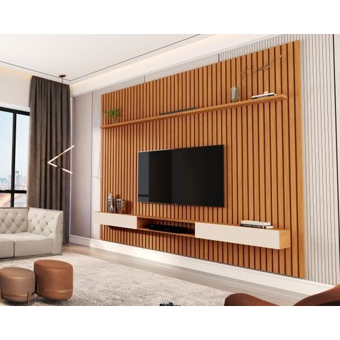 Painel Suspenso Home TV até 72 Polegadas Prateleira Ripado e Nicho Versátil 2.2:Nature/Off White
