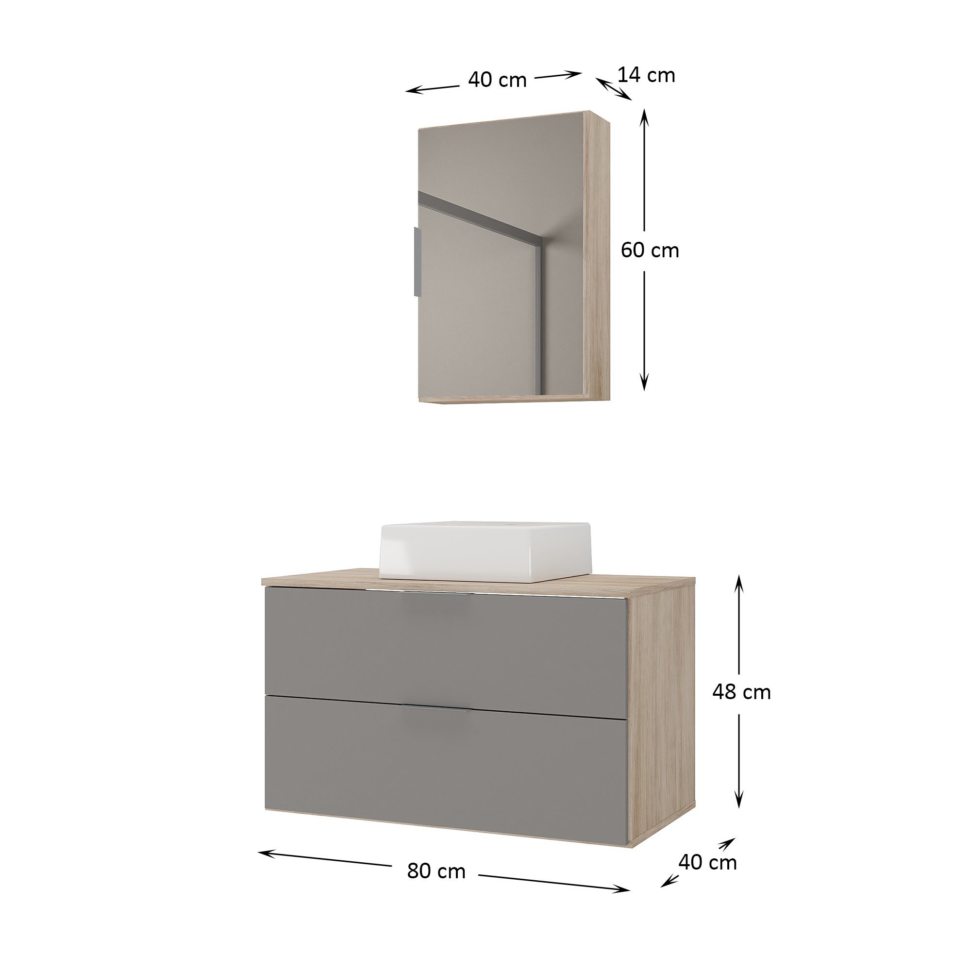 Kit Gabinete Banheiro Rubi 80cm - Gabinete + Cuba + Espelheira - Madeirado/ Cinza - 4