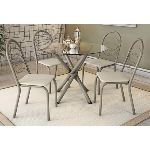 Conjunto Sala de Jantar Mesa com 4 Cadeiras Estofadas 683 Kappesberg Crome Niquel/nude