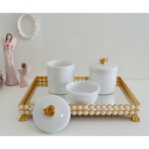 Kit Higiene Porcelana Bebê + Bandeja Pérola - Flor Dourado