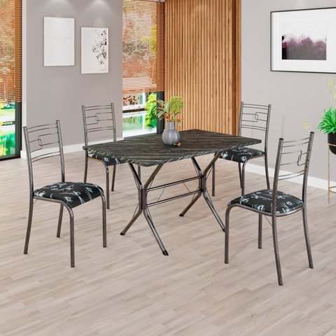 Conjunto Sala de Jantar Mesa Retangular 100x60cm Tampo Madeira MDP Ardósia Indiana 4 Cadeiras Paraty Prata/Preto Floral/Mart