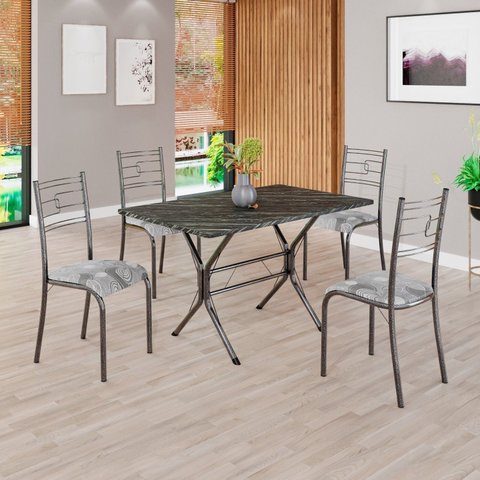 Conjunto Sala de Jantar Mesa Retangular 100x60cm Tampo Madeira MDP Ardósia Indiana 4 Cadeiras Paraty Prata/Paraopeba/Mart
