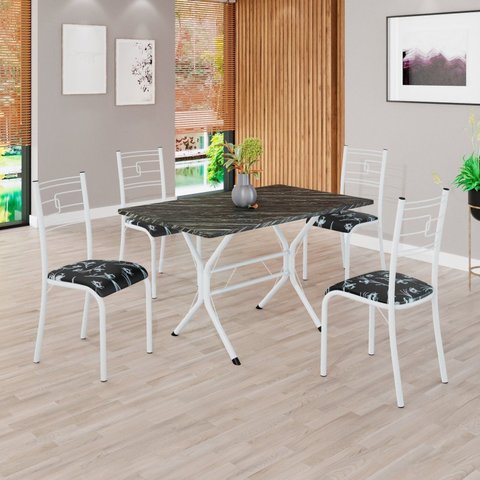 Conjunto Sala de Jantar Mesa Retangular 100x60cm Tampo Madeira MDP Ardósia Indiana 4 Cadeiras Paraty Branco/Preto Floral