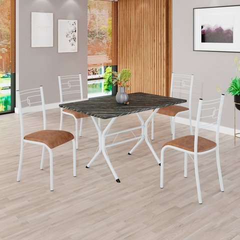 Conjunto Sala de Jantar Mesa Retangular 100x60cm Tampo Madeira MDP Ardósia Indiana 4 Cadeiras Paraty Branco/C. Marrom