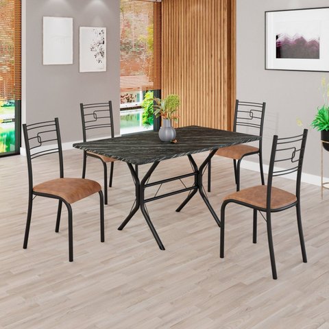 Conjunto Sala de Jantar Mesa Retangular 120x75cm Tampo Madeira MDP Ardósia Indiana 4 Cadeiras Paraty Preto/C. Marrom/Fosco