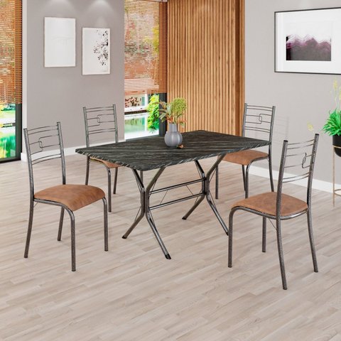 Conjunto Sala de Jantar Mesa Retangular 120x75cm Tampo Madeira MDP Ardósia Indiana 4 Cadeiras Paraty Prata/C. Marrom/Mart