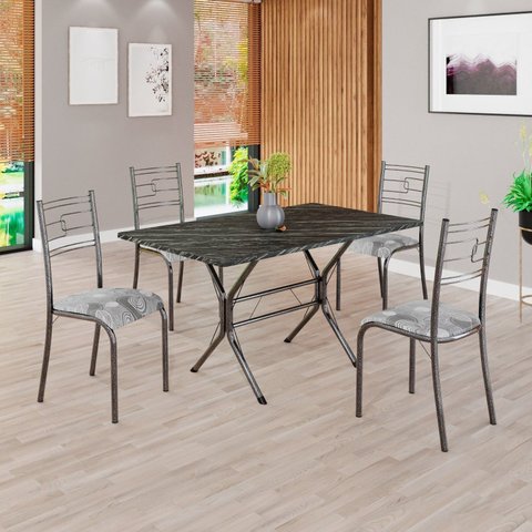 Conjunto Sala de Jantar Mesa Retangular 120x75cm Tampo Madeira MDP Ardósia Indiana 4 Cadeiras Paraty Prata/Paraopeba/Mart