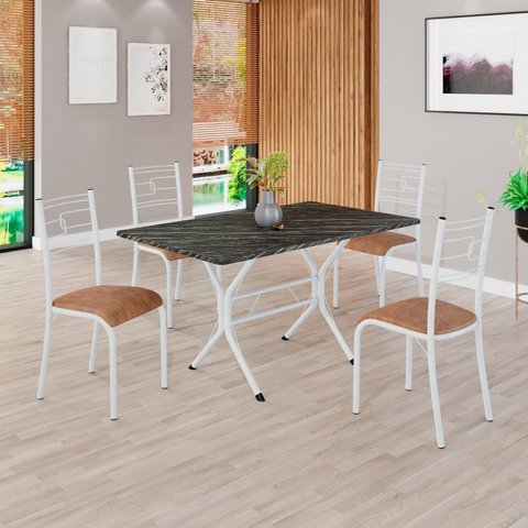 Conjunto Sala de Jantar Mesa Retangular 120x75cm Tampo Madeira MDP Ardósia Indiana 4 Cadeiras Paraty Branco/C. Marrom