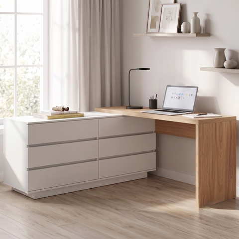 Escrivaninha em L ou Reta Oring 6 Gavetas 230cm CabeCasa MadeiraOriginals Branco e Itapuã