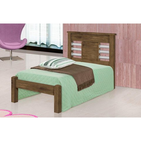 Cama Rai Solteiro com Cabeceira com Detalhes Cromados 100% Mdf e Estrado em Madeira Cor Jequitiba Ja