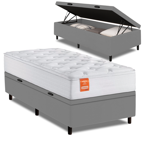Cama Box Baú Colchão Solteiro Molas Ensacadas Real 88x188x68cm Branco / Cinza Inducol