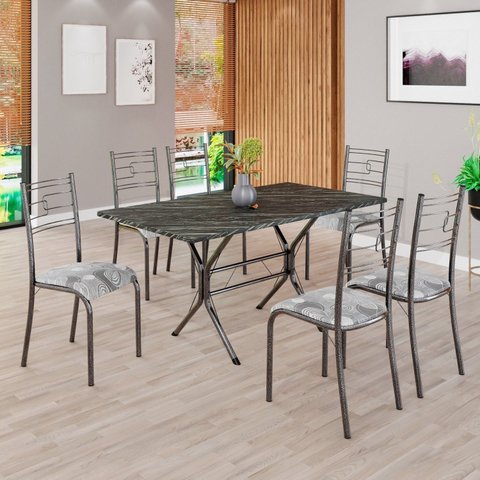 Conjunto Sala de Jantar Mesa Retangular 140x75cm Tampo Madeira MDP Ardósia Indiana 6 Cadeiras Paraty Prata/Paraopeba/Mart