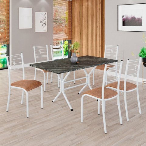 Conjunto Sala de Jantar Mesa Retangular 140x75cm Tampo Madeira MDP Ardósia Indiana 6 Cadeiras Paraty Branco/C. Marrom