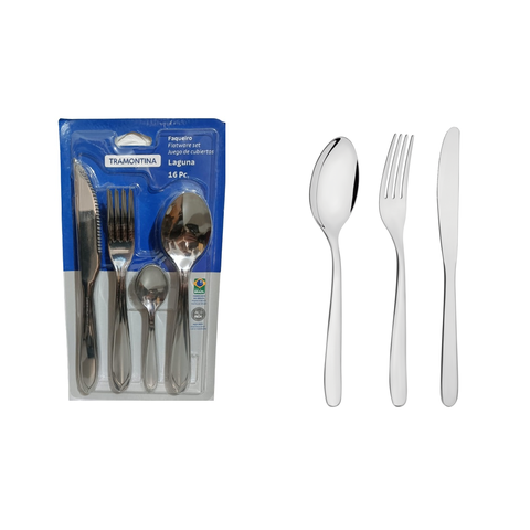 Faqueiro Tramontina Laguna em Aço Inox com Facas para Churrasco Acabamento em Brilho 16 Peças:Pratea