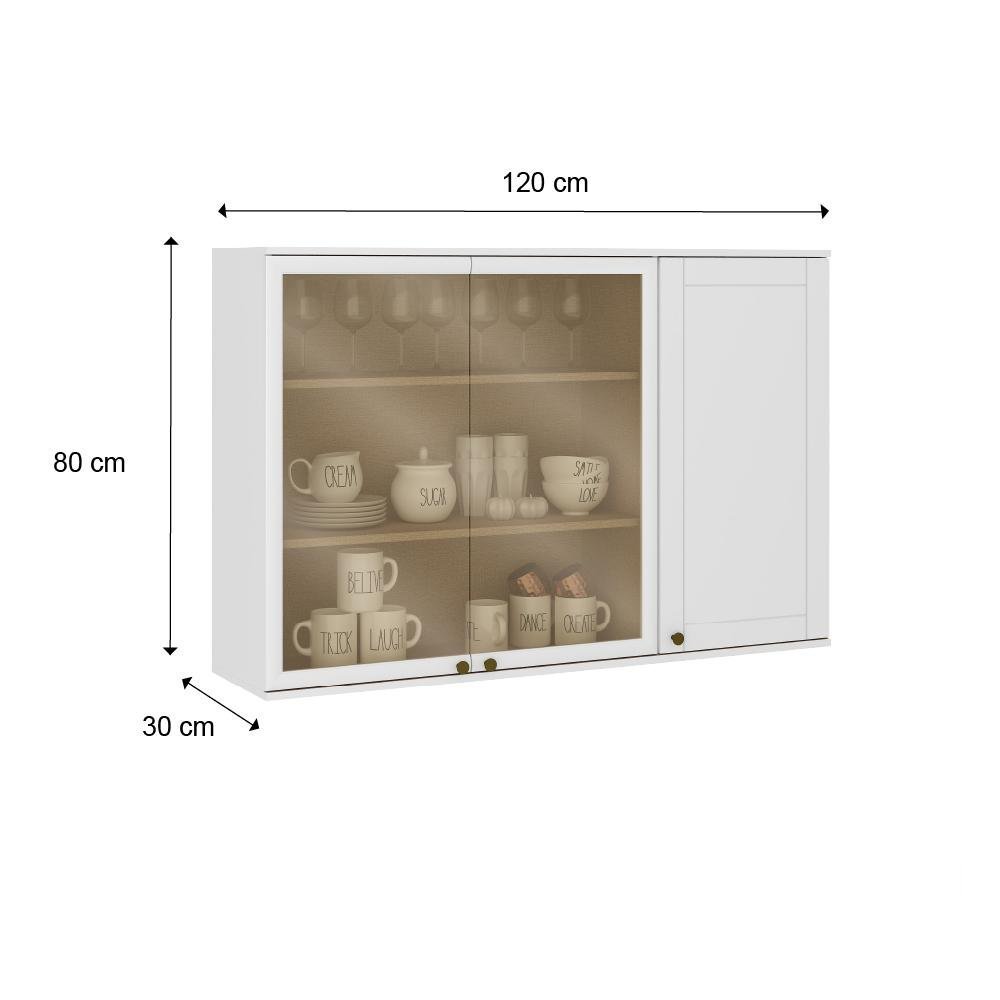 Armário Aéreo Bella com Portas de Vidro e Branco MDF 70cm Carraro - 2