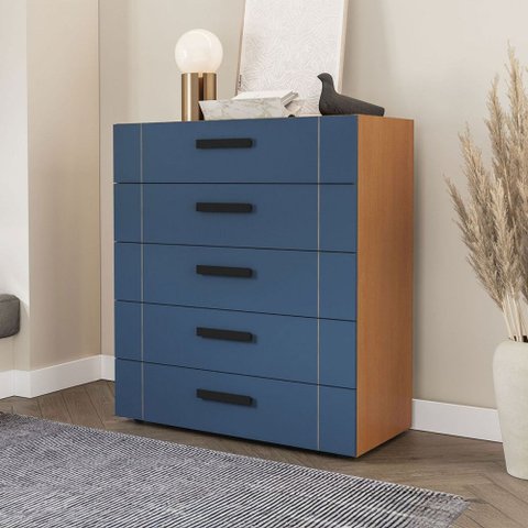 Cômoda Lisboa 5 Gavetas Azul/freijó - Politorno