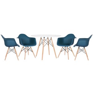 KIT - Mesa redonda Eames 100 cm branco + 4 cadeiras Eiffel DAW Azul petróleo