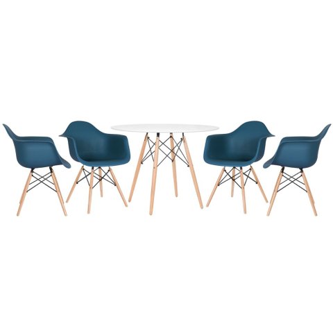 KIT - Mesa redonda Eames 100 cm branco + 4 cadeiras Eiffel DAW Azul petróleo