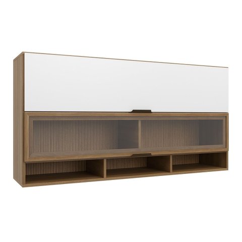 Armário Aéreo para Cozinha 2 Portas Basculantes Paris Marrom/Nogal Manchester/Branco Brilhante