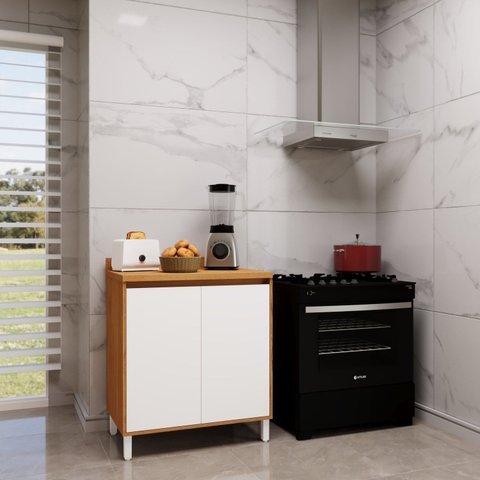 Balcão para Cozinha 80cm 2 Portas Cozinha Milão Branco/Ártico/Freijó Rocks