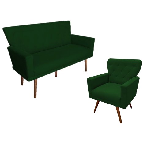 Kit Namoradeira + 1 Poltrona Decorativa Aurora Suede Verde Pés Madeira Mz Decor