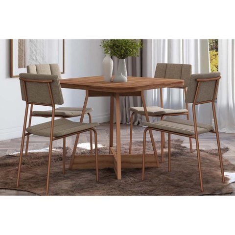 Sala de Jantar Completa 1593 C/ Tampo Madeirado 90x90cm e 4 Cadeiras 1742 Nogal/freijo Rose - Cobre/