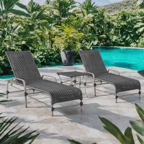 Kit 2 Espreguiçadeiras Corda Náutica e Mesa Garden em Alumínio para Piscina Edícula Catar Preto