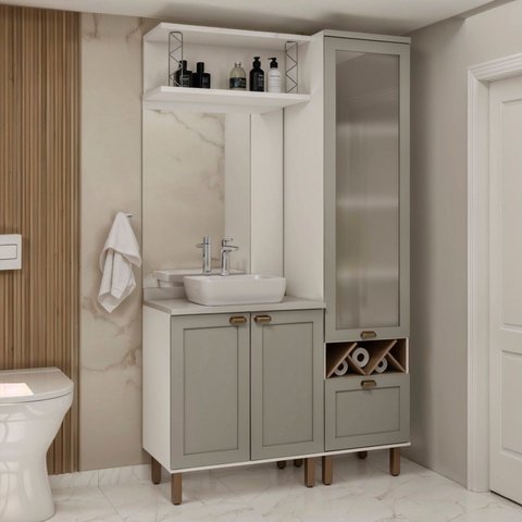 Conjunto de Banheiro Modulado 100% MDF Americano 3 Peças com Armário de Vidro Iluminata Cinza/Branco