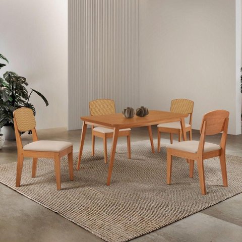 Mesa de Jantar Copper 120cm Tampo Mdf Laminado 4 Cadeiras Veludo Creme/naturalle/naturalle