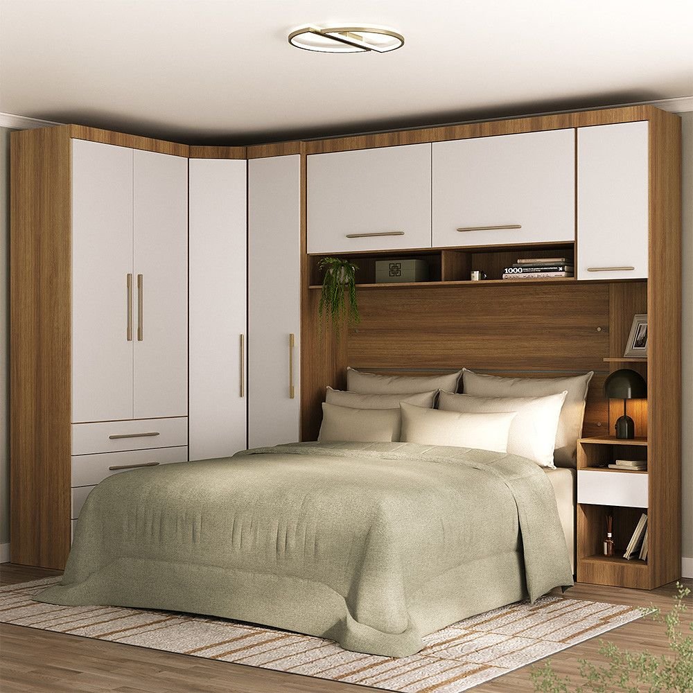 Quarto Modulado Casal de Canto com Guarda-roupas Maleiro e