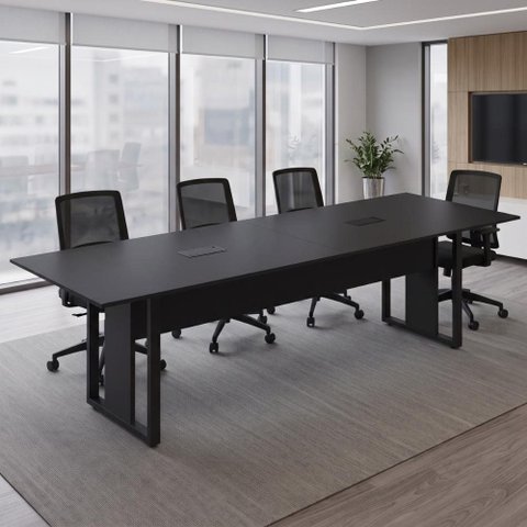 Mesa de Reunião Retangular 2,70 m X 0,90 m Tampo Bipartido Pés Quadro e 2 Caixas de Tomadas