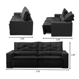 Sofá Retrátil e Reclinável 2 lugares com Molas 1,50m Livia Suede Preto Adonai Estofados - 3