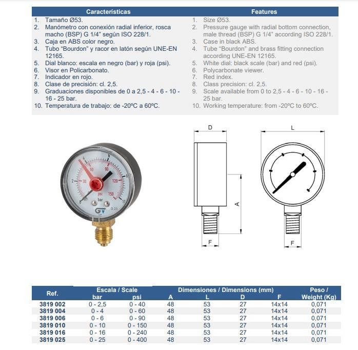 Manômetro rad. D53 I/R 0-4B-0-60PSI Genebre - 2