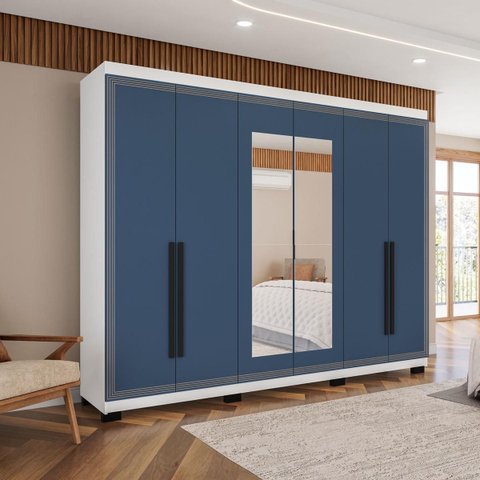 Roupeiro Casal Valência 6 Portas com Espelho 242x214cm Branco/Azul 240852